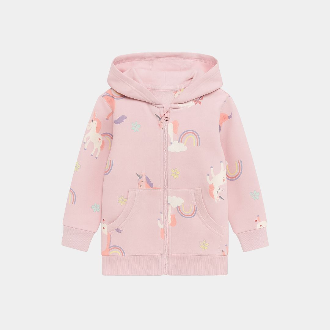 Girls Pink Unicorn & Rainbow Zip-Up Hoodie