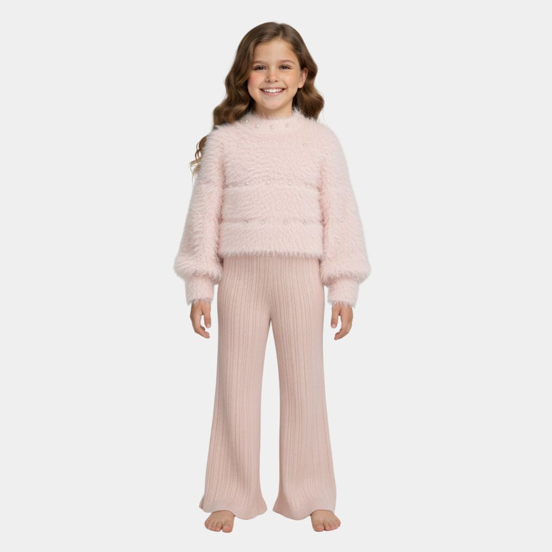 Girls Pink Fuzzy Pearl Light Pink Pajama Set – Soft & Warmy