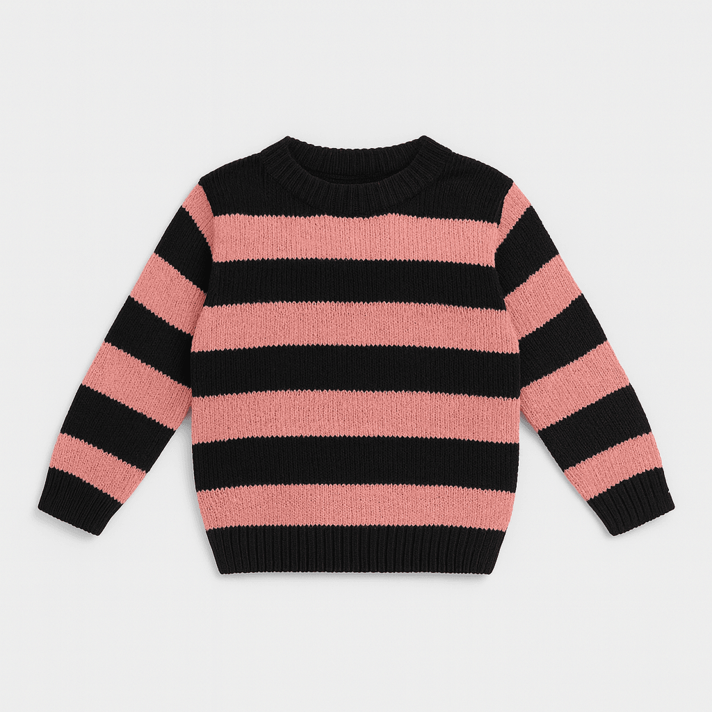 Girls Striped Round Neck Top – Pink & Black - KIDKO