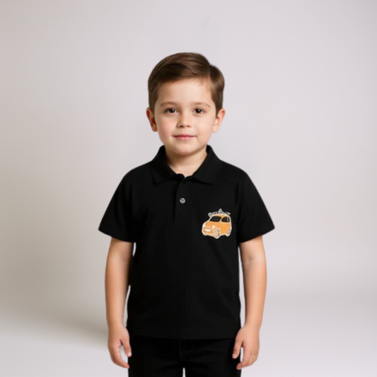 Boys Black Polo Shirt - Car Print