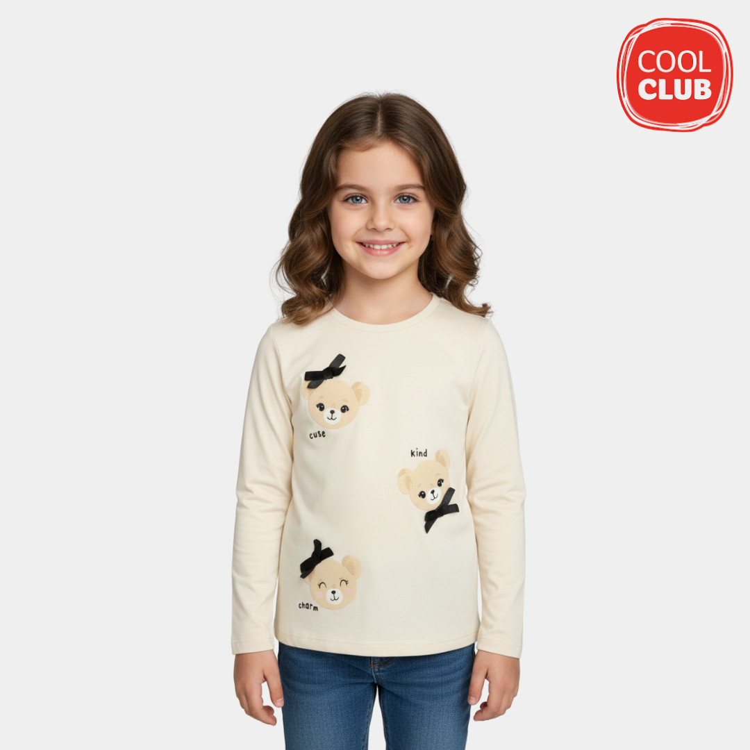 Girls  Full Sleeves T-Shirt – Cream with Teddy Bear Print
