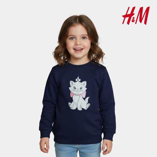 Navy Blue Sweatshirt with Cute Cat Print – Soft & Cozy Winter Wear for Girls