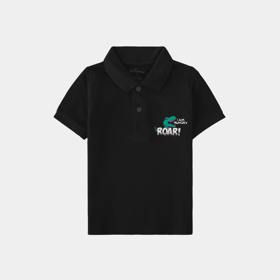 Boys Black Polo Shirt - Roar Print - KIDKO